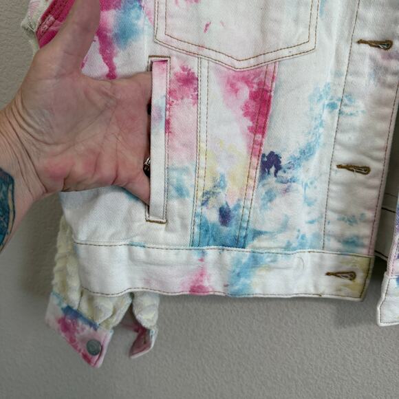Upcycled Wild Fable Pastel Tie Dye Trucker Jacket w/Graphic & Towel Sleeves XL - Picture 7 of 12